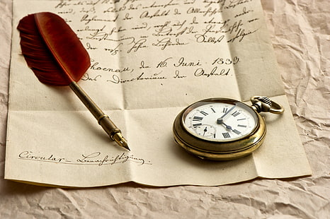 Orologio, lettera, carta, inchiostro, penna, piuma, Sfondo HD HD wallpaper