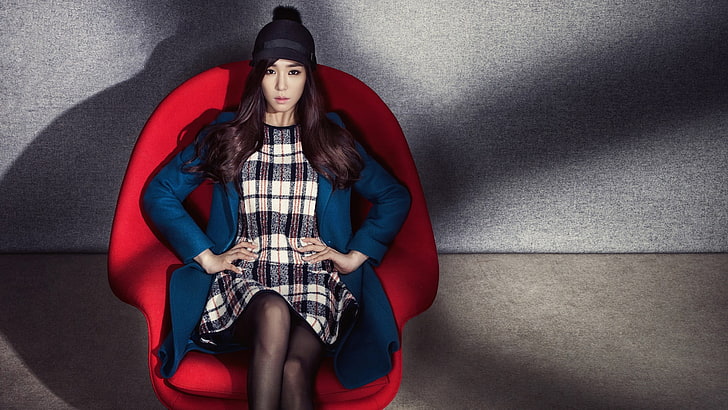 women's white and gray plaid dress and blue coat, SNSD, Girls' Generation, Asian, model, Korean, Tiffany Hwang, celebrity, women, brunette, fashion, looking at viewer, chair, HD wallpaper
