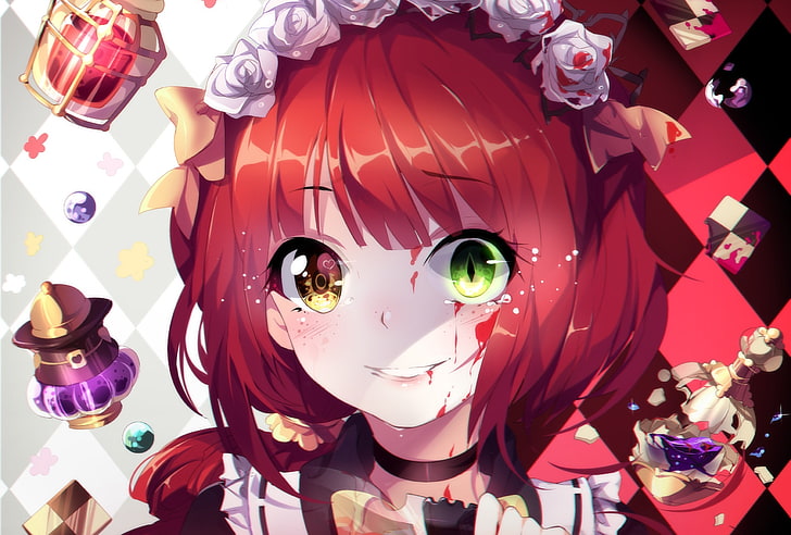 anime girl, bicolored eyes, yandere, redhead, tears, Anime, HD wallpaper