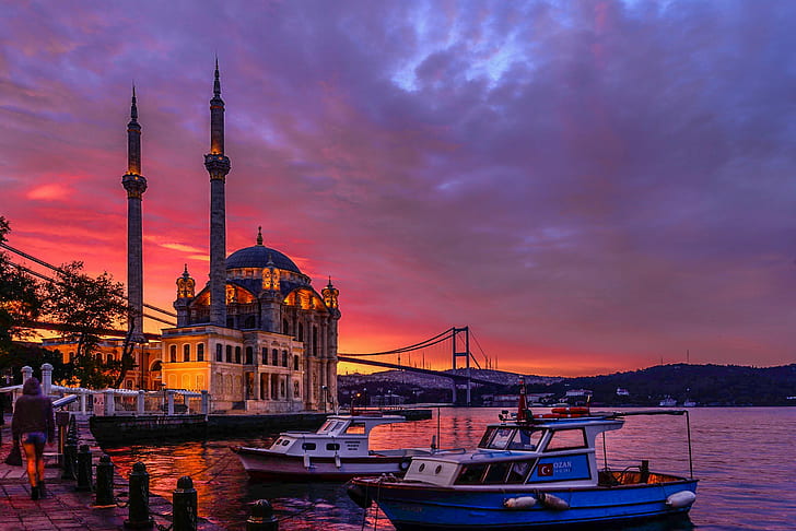 Manhã em Istambul, ponte do Bósforo, Mesquita Ortakoy, arquitetura, barco, ponte, cidade, cores, bom dia, Istambul, paisagens, luz, amor, nikon, pessoas, domingo, nascer do sol, viagem, turquia, férias, viajante, HD papel de parede