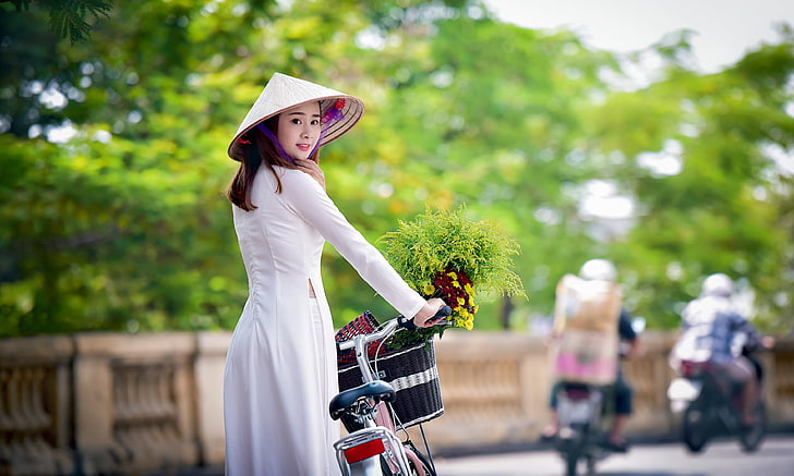 Азиатски, жени, жени с велосипеди, шапка, HD тапет