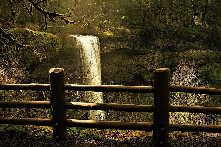 Waterfalls, Waterfall, Earth, Fence, Forest, Silver Falls, Silver Falls State Park, HD wallpaper