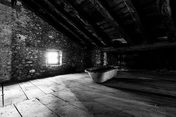 attic, bathtub, beams, black and white, floor, house, loft, old, shadows, stone, tub, wall, window, wood, HD wallpaper