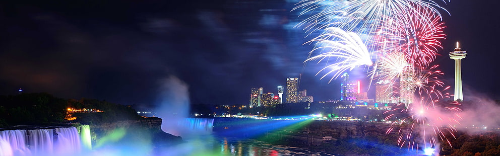 Niagara Falls, Canada, waterfalls, city night, lights, fireworks, Niagara, Falls, Canada, Waterfalls, City, Night, Lights, Fireworks, HD wallpaper HD wallpaper