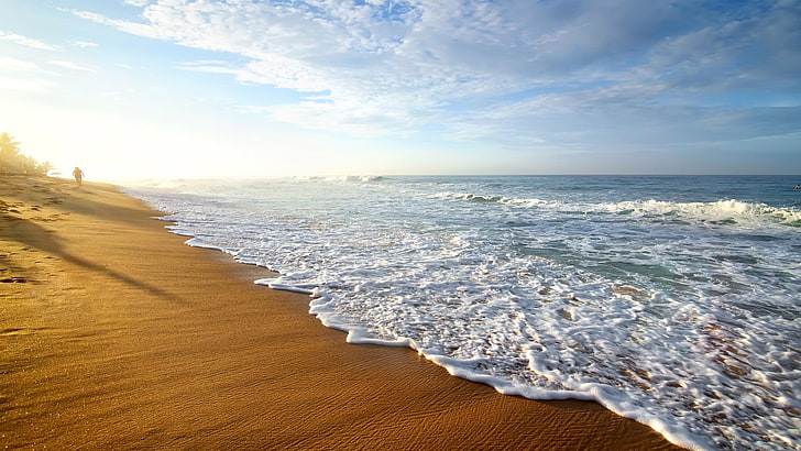 sand, ocean, beach, water, shore, coast, coastline, sky, foam, wave, HD wallpaper