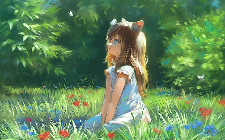 anime girls, digital, nature, forest, neko ears, cat girl, flowers, HD wallpaper