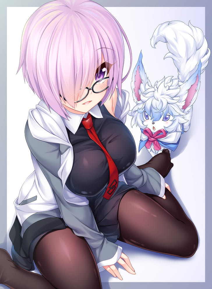 Fate/Grand Order, Fou (Fate/Grand Order, Mashu Kyrielight, glasses, pantyhose, blushing, thigh-highs, simple background, white  background, HD wallpaper
