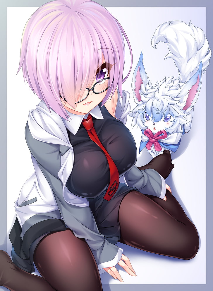 Fou (FateGrand Order, white  background, FateGrand Order, simple background, glasses, pantyhose, Mashu Kyrielight, blushing, thigh-highs, HD wallpaper