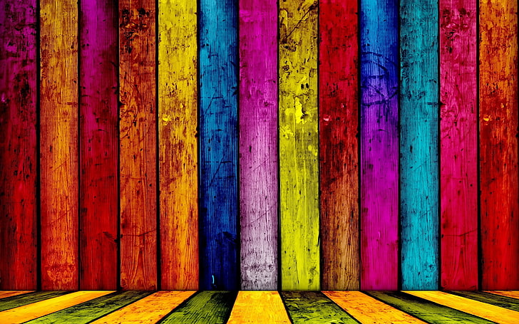 blue, red, yellow, and pink striped digital wallpaper, colorful, texture, wooden surface, HD wallpaper