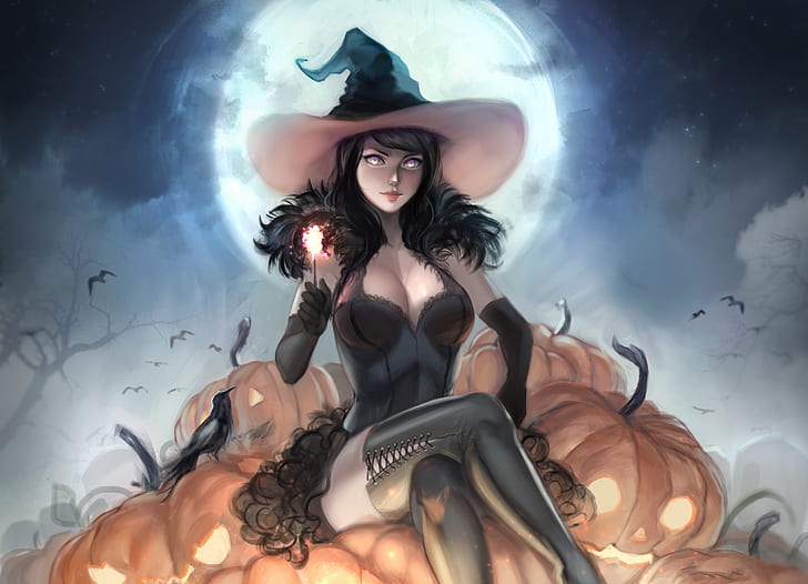 girl, hat, pumpkin, witch, Halloween, HD wallpaper