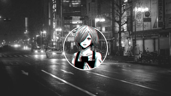 papel de parede digital de personagem de anime de menina de cabelos curtos, anime girls, natureza, urbano, turva, arte de falha, monocromático, Tokyo Ghoul, anime, HD papel de parede