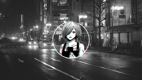 korthårig flicka anime karaktär digital tapet, anime flickor, natur, urban, suddig, glitch konst, svartvit, Tokyo Ghoul, anime, HD tapet HD wallpaper