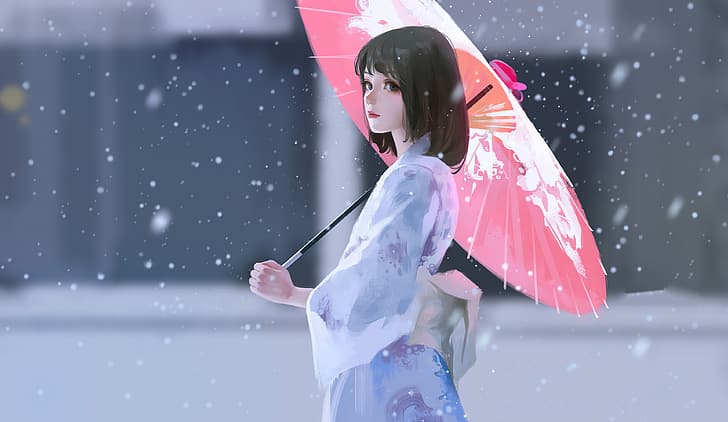umbrella, snow, digital art, artwork, digital painting, dark hair, white dress, anime girls, HD wallpaper