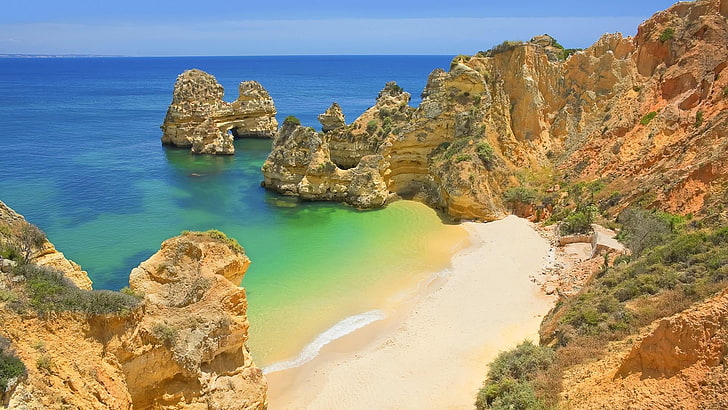 portugal, europe, bay, beach, rocky, HD wallpaper
