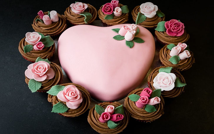 Love Heart Cake, brown cupcakes, Festivals / Holidays, Valentine Day, heart, food, cake, rose, HD wallpaper