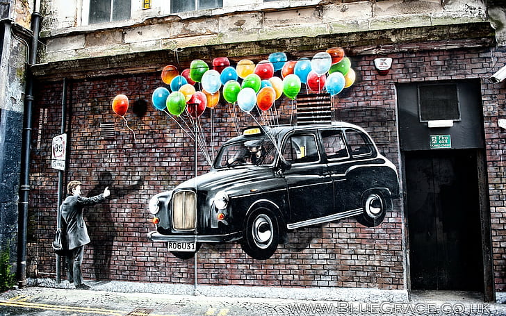 building, graffiti, street, street art, bricks, balloon, men, colorful, taxi, car, flying, HD wallpaper