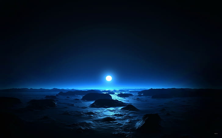 przyroda, noc, Luna, Księżyc, światło księżyca, skała, plaża, woda, Tapety HD