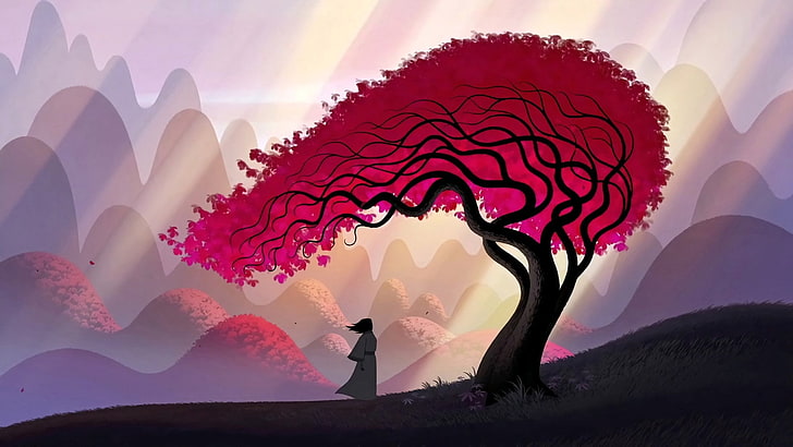 ilustração da árvore preto e vermelho, arte digital, outono, natureza, cadeia de montanhas, árvores, samurai, raios de sol, luz natural, Samurai Jack, HD papel de parede