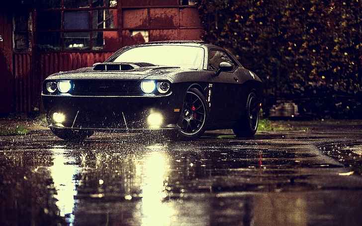 SRT, Dodge, rain, lights, reflection, black cars, sports car, Dodge Challenger SRT, HD wallpaper