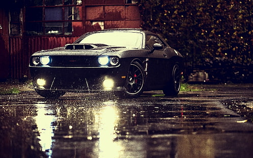 SRT, Dodge, дъжд, светлини, отражение, черни автомобили, спортен автомобил, Dodge Challenger SRT, HD тапет HD wallpaper