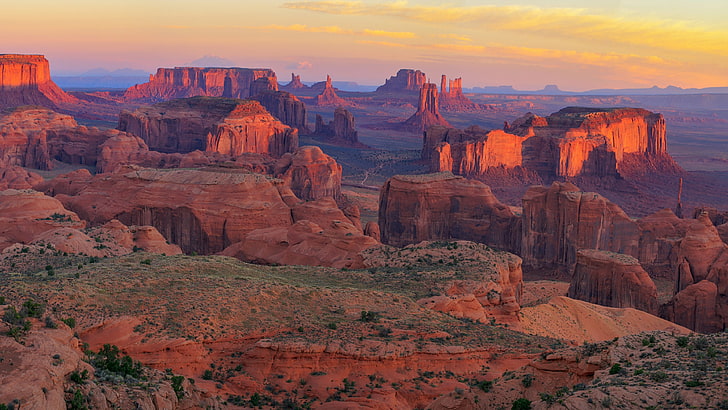 ranek, wschód słońca, dolina, deser, Stany Zjednoczone, horyzont, świt, navajo, góra, poluje na Mesę, Badlands, geologia, formacja, skała, Butte, Monument Valley, pustynia, kanion, niebo, Tapety HD