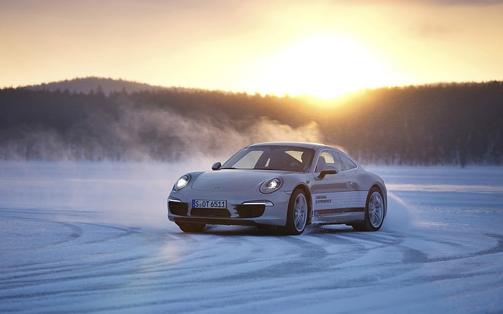 silver Porsche Carrera, porsche, 911, white, winter, snow, drift, HD wallpaper