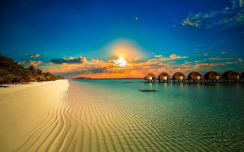white sand, landscape, nature, beach, resort, palm trees, sunset, clouds, tropical, sea, sand, island, calm, water, summer, bungalow, HD wallpaper HD wallpaper