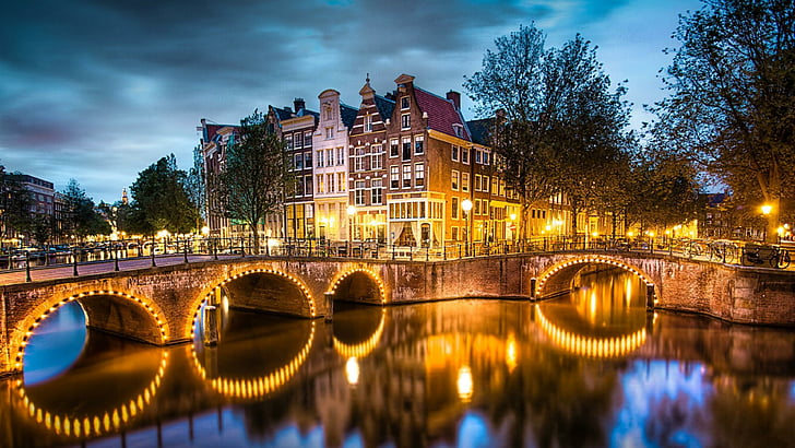 amsterdam, netherlands, europe, evening, canal, bridge, city lights, street, buildings, houses, keizersgracht, cityscape, HD wallpaper