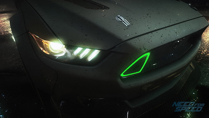 อะนิเมะ Need for Speed ​​แข่งรถวิดีโอเกม 2015 Ford Mustang RTR ฟอร์ดมัสแตงเชลบีฟอร์ดมัสแตงสีดำสีเขียวแสดงผล, วอลล์เปเปอร์ HD