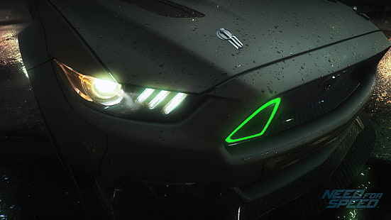 อะนิเมะ Need for Speed ​​แข่งรถวิดีโอเกม 2015 Ford Mustang RTR ฟอร์ดมัสแตงเชลบีฟอร์ดมัสแตงสีดำสีเขียวแสดงผล, วอลล์เปเปอร์ HD HD wallpaper