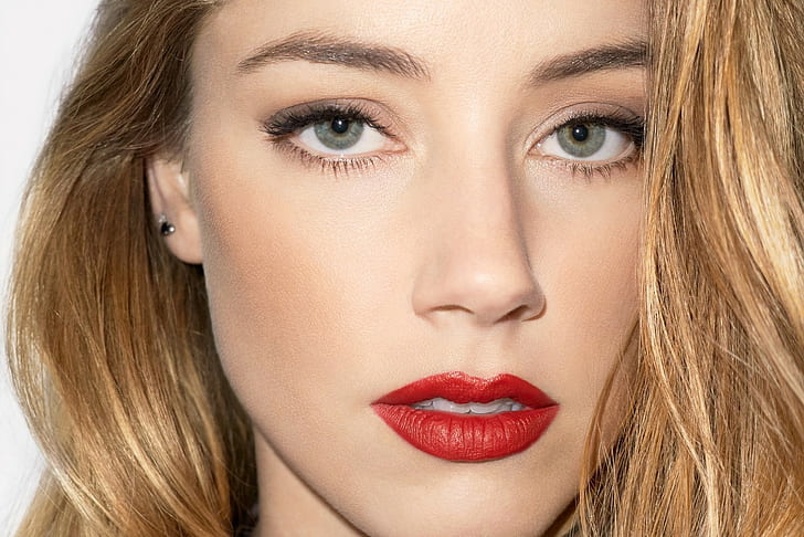 face, women, closeup, red lipstick, blonde, Amber Heard, actress, portrait, HD wallpaper