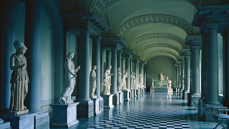 rzeźby z białego betonu, rzeźba, Sztokholm, Szwecja, kolumna, Pałac Królewski, Muzeum Starożytności Gustawa III, Tapety HD