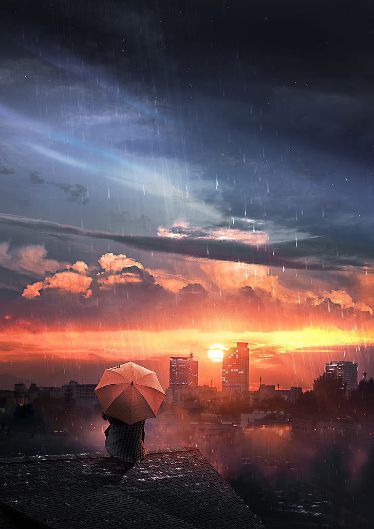 roof, rain, umbrella, night, sky, solitude, loneliness, HD wallpaper