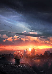 roof, rain, umbrella, night, sky, solitude, loneliness, HD wallpaper HD wallpaper