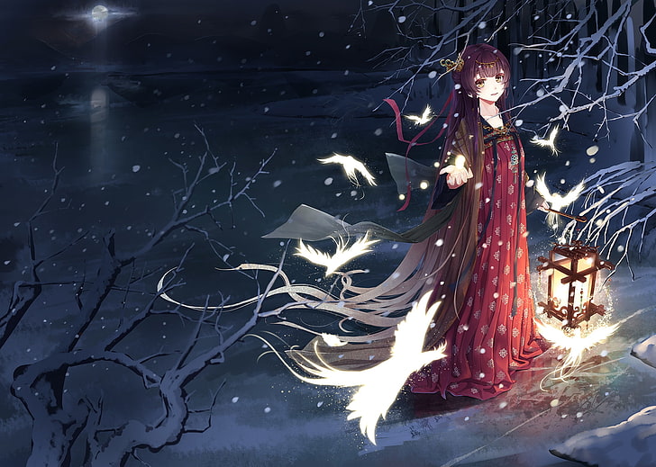 gadis anime, pakaian tradisional Cina, burung, rambut cokelat, salju, sinar bulan, Anime, Wallpaper HD
