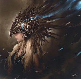 жена, носеща орелов шлем цифров тапет, жени, фентъзи изкуство, HD тапет HD wallpaper