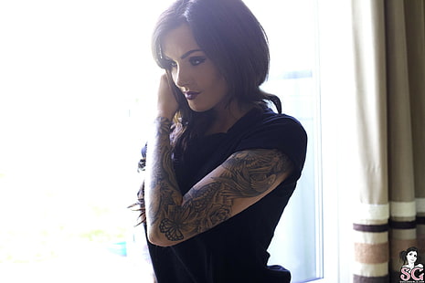 bruna, modella, tatuaggio, Laurenn Suicide, Suicide Girls, Sfondo HD HD wallpaper