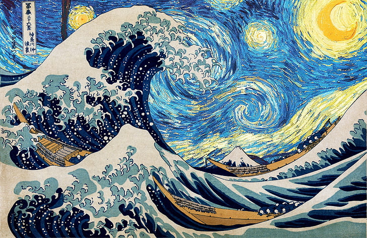 La grande vague de Kanagawa en train de peindre, Hokusai, nuit étoilée, Vincent van Gogh, La grande vague de Kanagawa, oeuvre d'art, retouche photo, cyan, bleu, mer, vagues, eau, ciel, Fond d'écran HD