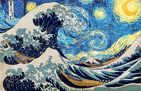 La grande vague de Kanagawa en train de peindre, Hokusai, nuit étoilée, Vincent van Gogh, La grande vague de Kanagawa, oeuvre d'art, retouche photo, cyan, bleu, mer, vagues, eau, ciel, Fond d'écran HD HD wallpaper