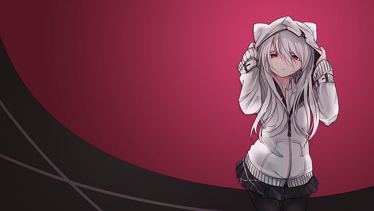 anime girls, white hair, anime, red eyes, hoods, simple background, HD wallpaper