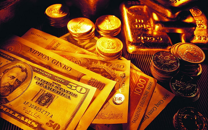 50 долларов США банкнота, золото, деньги, монеты, долларовые купюры, HD обои