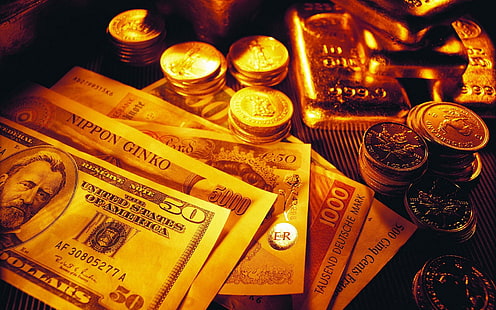 50 долларов США банкнота, золото, деньги, монеты, долларовые купюры, HD обои HD wallpaper