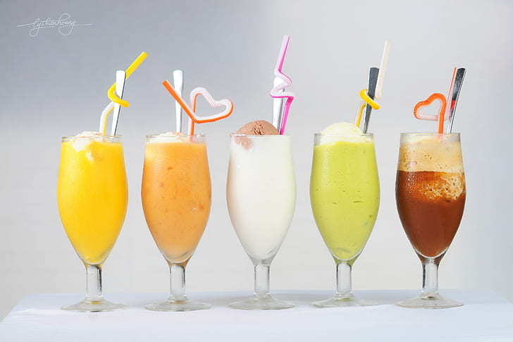 five assorted fruit shakes on glasses, Ice Cream, Smoothie, five, fruit, shakes, glasses, food, color, beautiful, clean, pure, cool, delicious, health, yummy, lovely, product, nikon  D300, fresh, Ly, drink, juice, cocktail, freshness, drinking Glass, alcohol, HD wallpaper