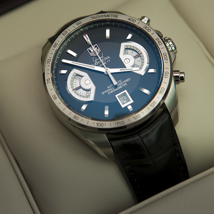 arronograph Carrera chronograph berwarna perak dengan tali kulit hitam, panah, arloji, TAG Heuer Grand Carrera Chronograph Calibre 17 RS, Wallpaper HD