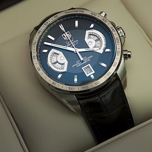 okrągły srebrny chronograf Carrera z czarnym skórzanym paskiem, strzałki, zegarek, TAG Heuer Grand Carrera Chronograph Calibre 17 RS, Tapety HD HD wallpaper