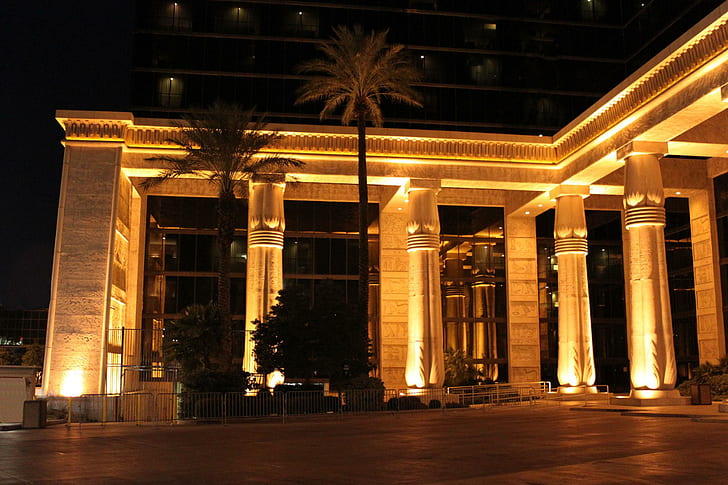Luxor, architecture, palms, resort, night, luxor, animals, HD wallpaper