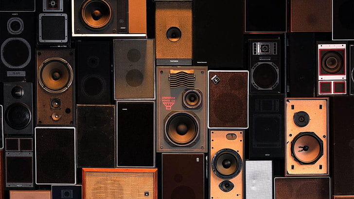 brown and black speaker lot, speakers, music, HD wallpaper