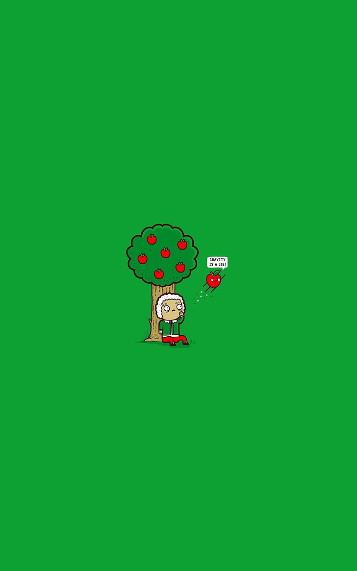 ilustrasi pohon berdaun hijau, Isaac Newton, humor, sains, minimalis, tampilan potret, Wallpaper HD, wallpaper seluler