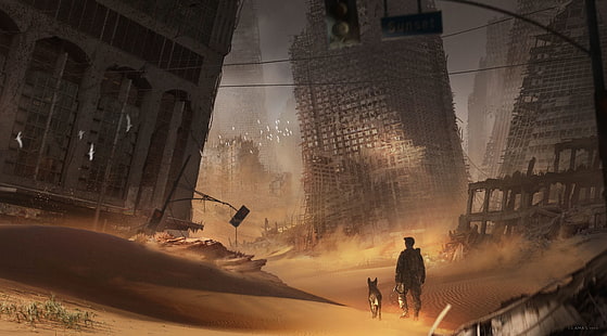hombre y perro cerca del fondo de pantalla del edificio, obras de arte, arte digital, arte de fantasía, apocalíptico, páramo, Fallout 4, Fallout, marrón, arena, polvo, ciudad, Fondo de pantalla HD HD wallpaper