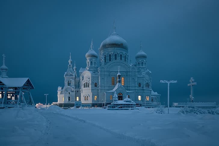 冬、雪、十字架、寺院、ロシア、ドーム、ペルミ地方、白い山、Belogorskyニコラス修道院、聖十字架大聖堂、アンドレイ、 HDデスクトップの壁紙